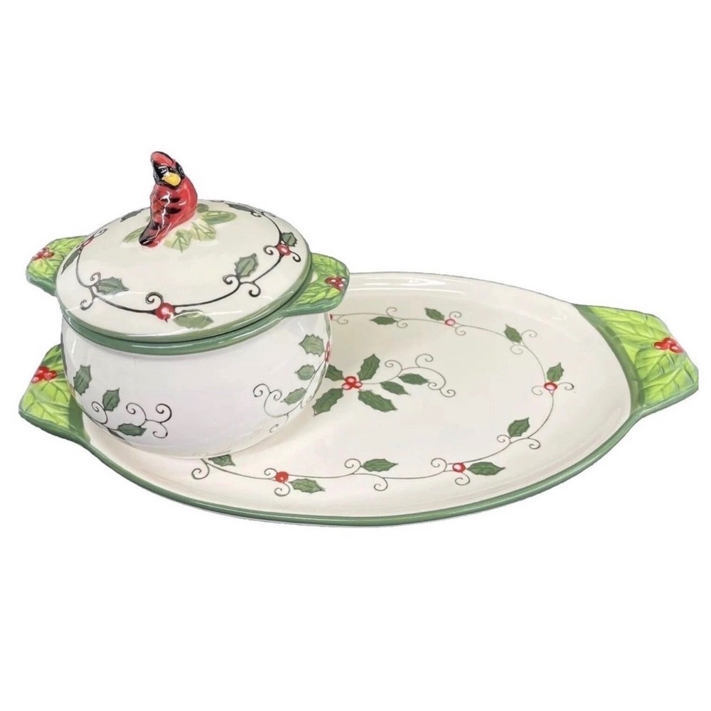 Temp-tations Cardinal Ceramic Soup Tureen and Oval Serving Platter Set Holiday